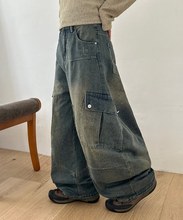 Homens Denim Wide Balloon Cargo Pants